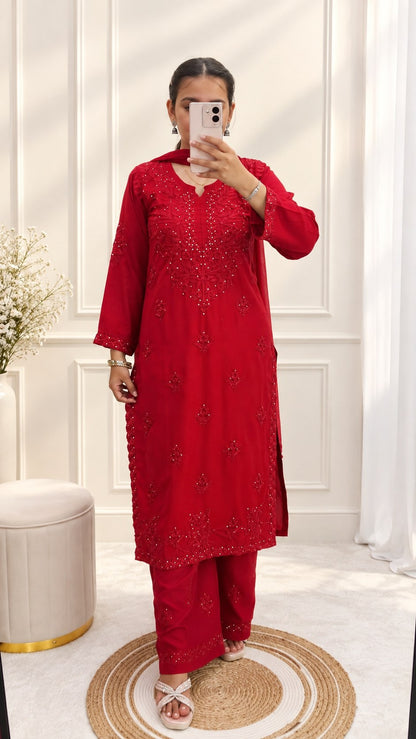 Women’s Rayon Cotton Chikankari Kurta Palazzo Set With Chiffon Dupatta