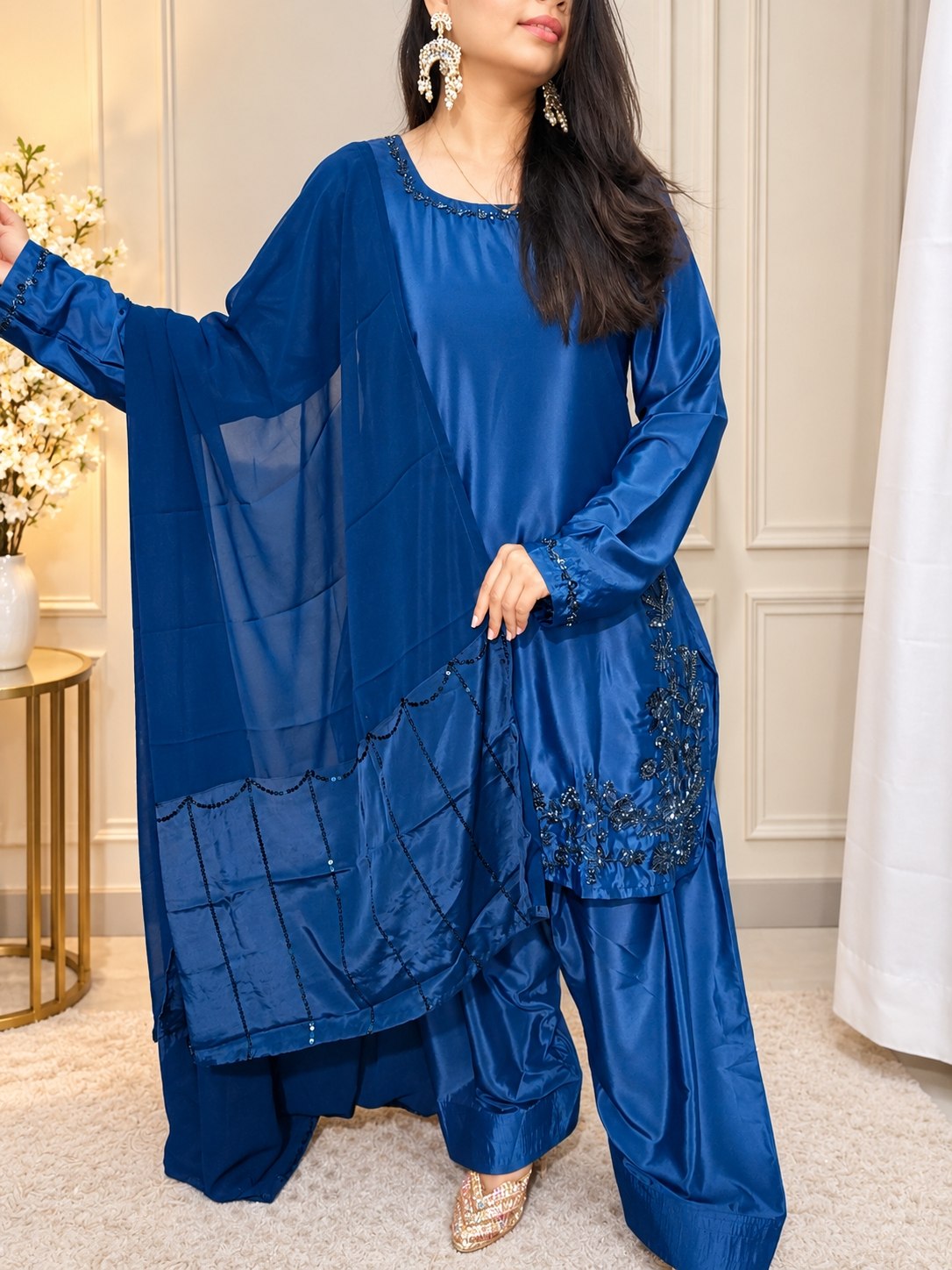 Women’s Natural Crepe Embroidered Farshi Salwar Set With Dupatta