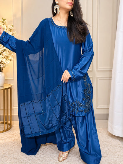 Women’s Natural Crepe Embroidered Farshi Salwar Set With Dupatta