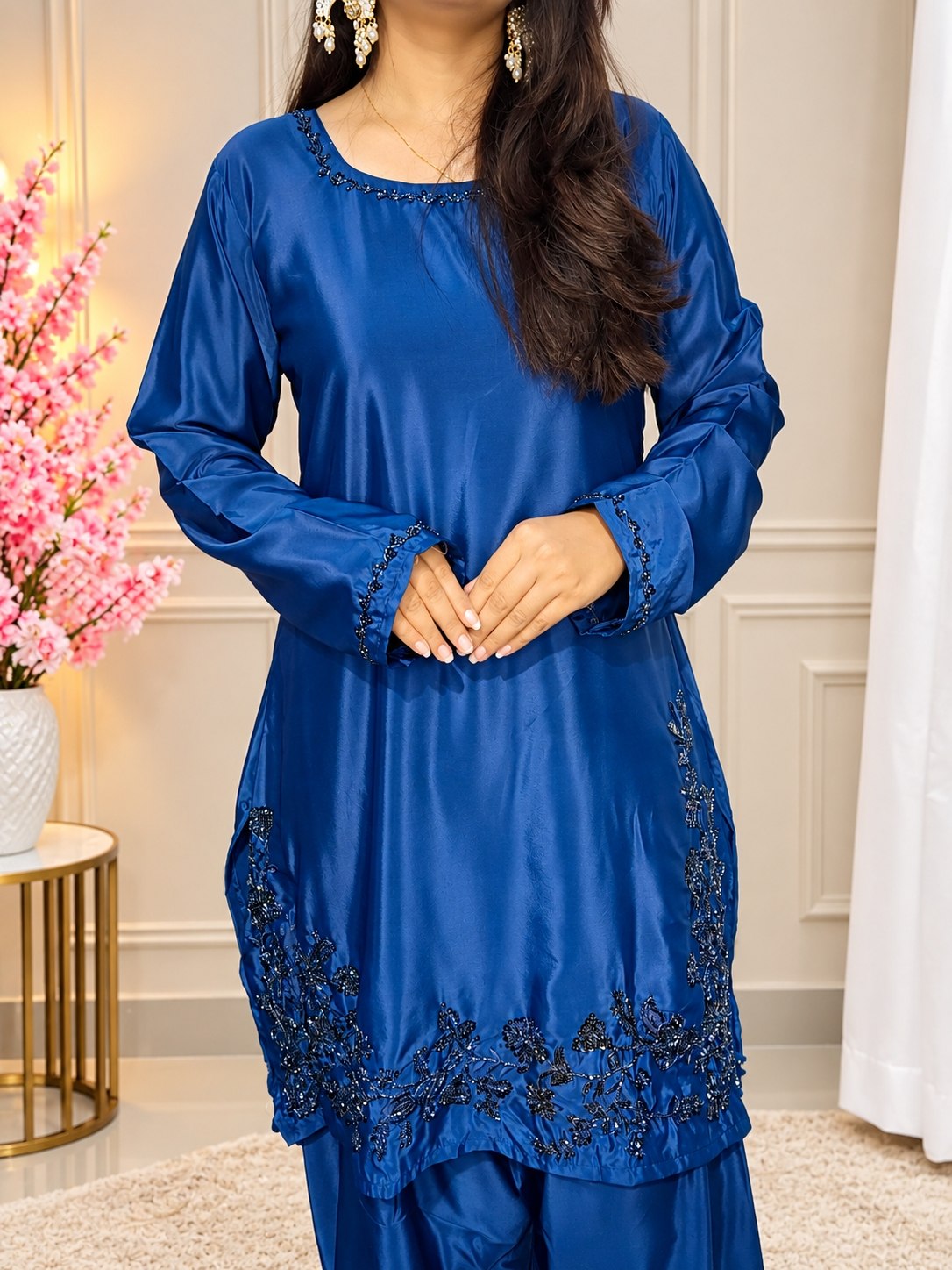 Women’s Natural Crepe Embroidered Farshi Salwar Set With Dupatta