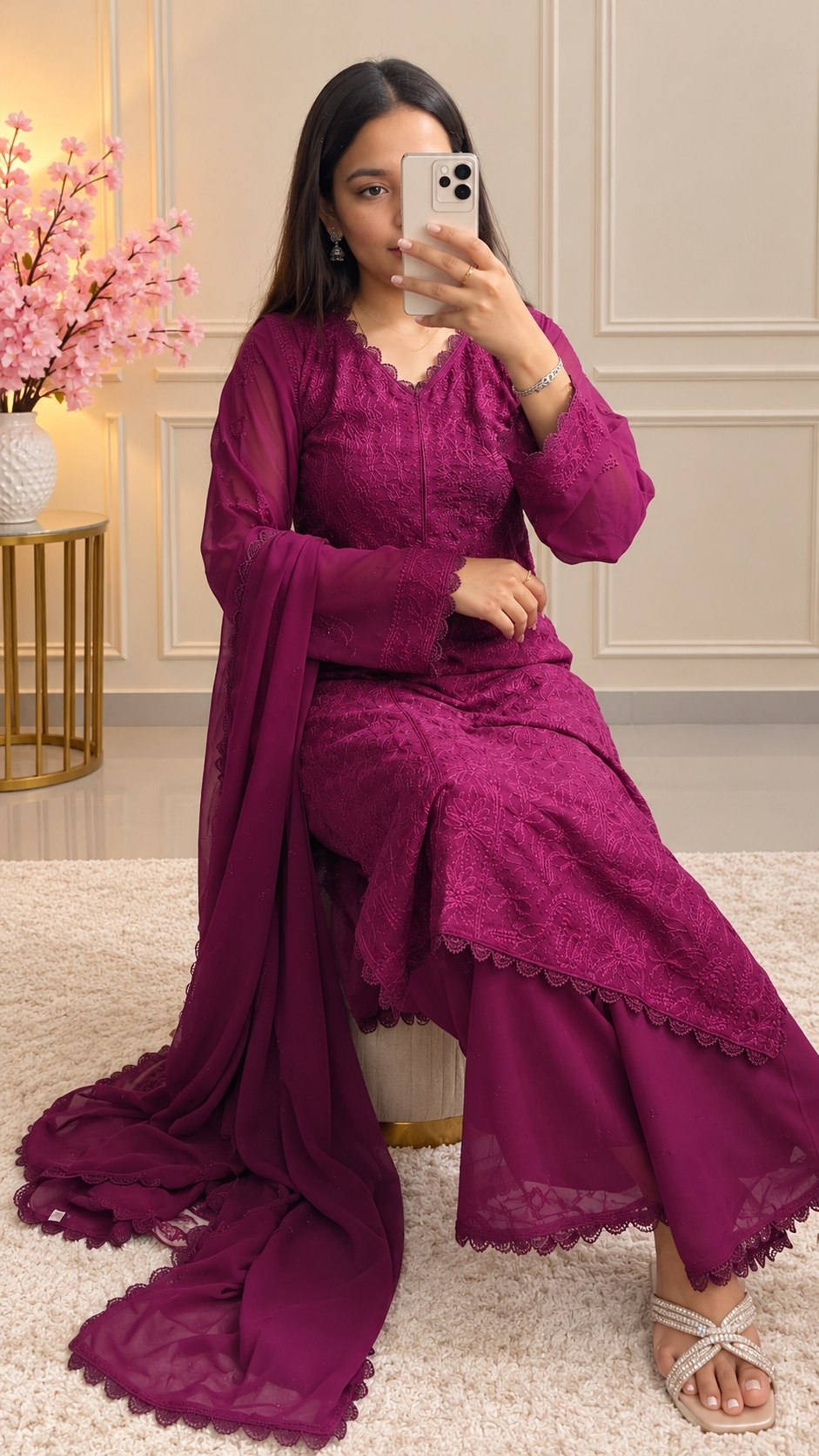 Women’s Embroidered Georgette Kurta Palazzo Set With Dupatta