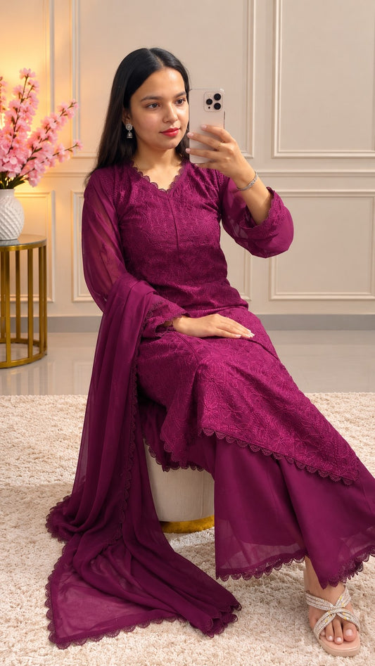 Women’s Embroidered Georgette Kurta Palazzo Set With Dupatta