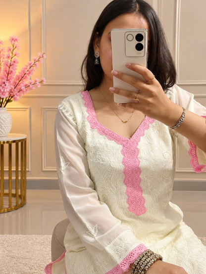 White Pink Chikankari Kurti Palazzo Set with Dupatta | Premium Georgette