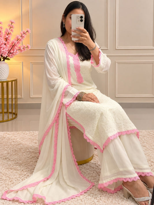 White Pink Chikankari Kurti Palazzo Set with Dupatta | Premium Georgette