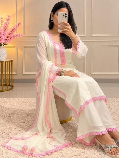 White Pink Chikankari Kurti Palazzo Set with Dupatta | Premium Georgette