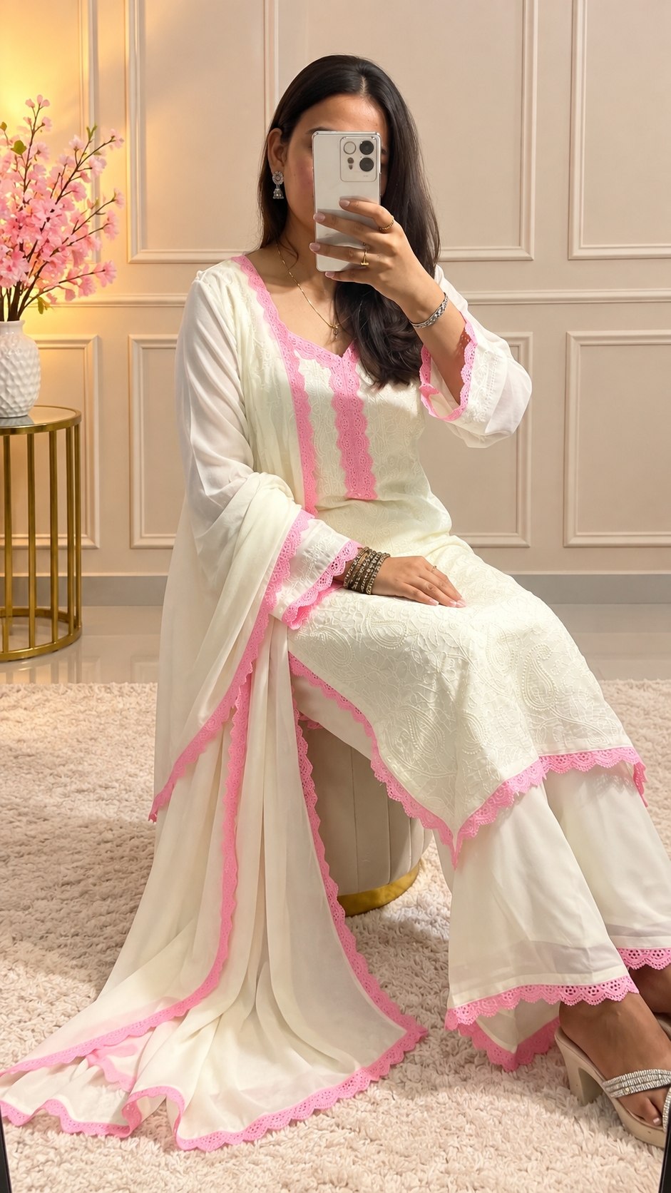 White Pink Chikankari Kurti Palazzo Set with Dupatta | Premium Georgette