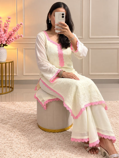 White Pink Chikankari Kurti Palazzo Set with Dupatta | Premium Georgette