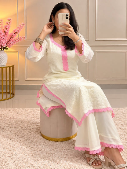 White Pink Chikankari Kurti Palazzo Set with Dupatta | Premium Georgette