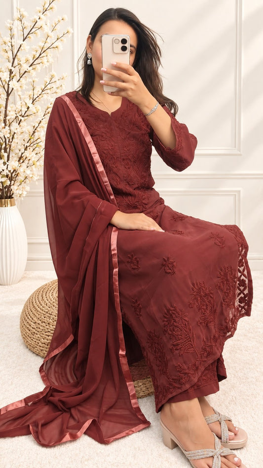Viscose Georgette Chikankari Kurta & Pant With Dupatta Set
