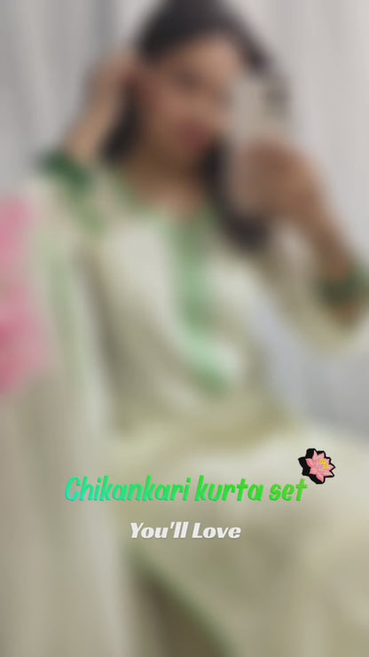 White Green Chikankari Kurti Palazzo Set with Dupatta | Premium Georgette