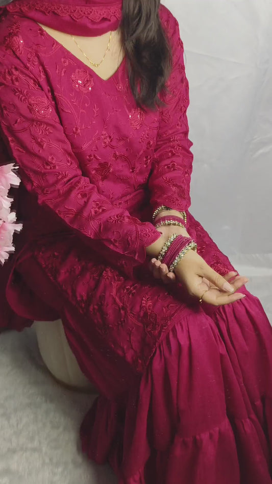 Royal Crimson Embroidered Sharara Set with Silk Blend Fabric & Dupatta